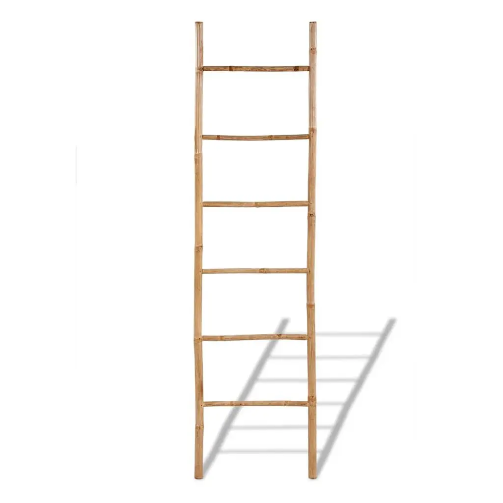 Bamboo Towel Ladder Brown 6 Rungs Free Standing Bathroom Storage Rack