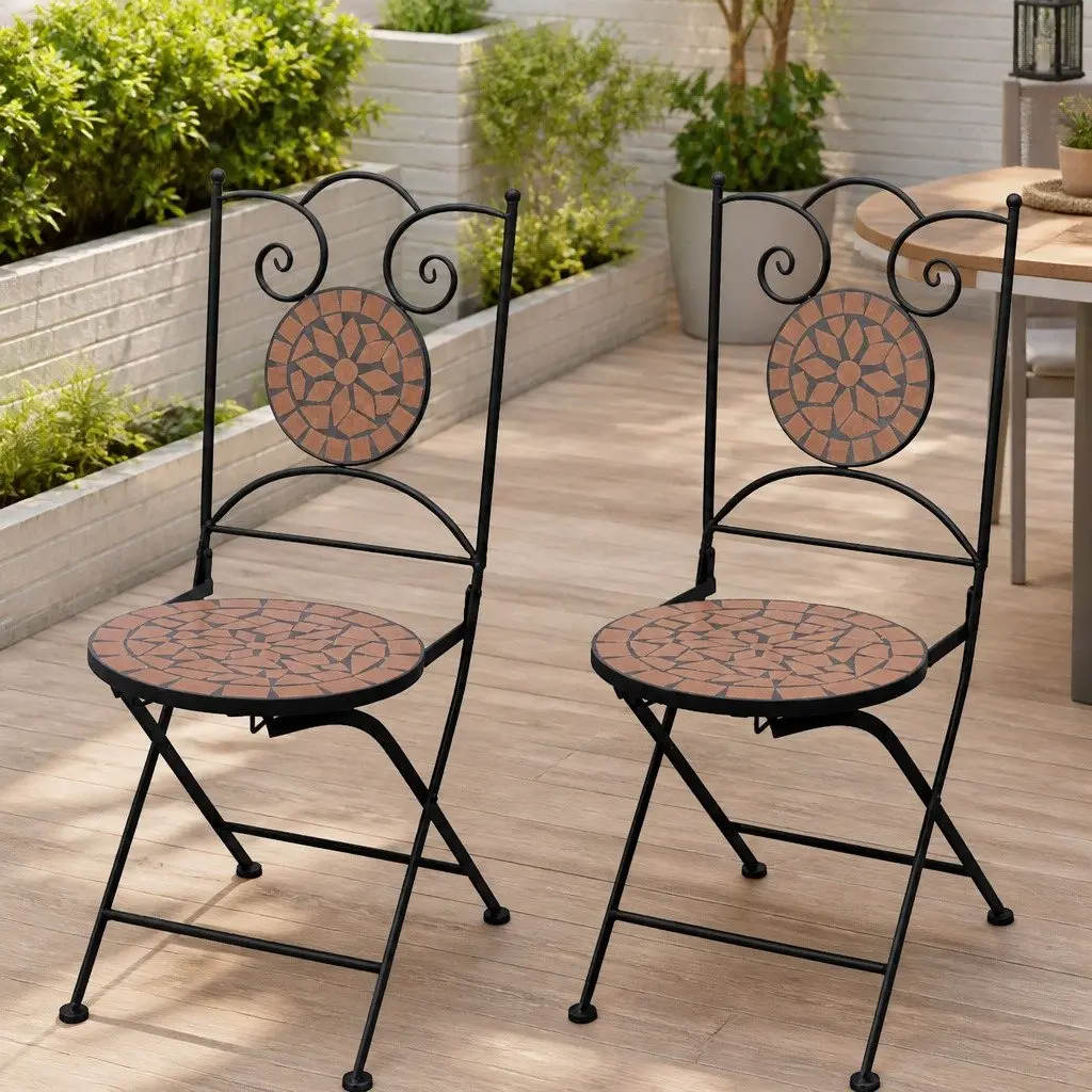 Folding Bistro Chairs Brown 2 pcs Outdoor Garden Patio Seating Waterproof Ceramic