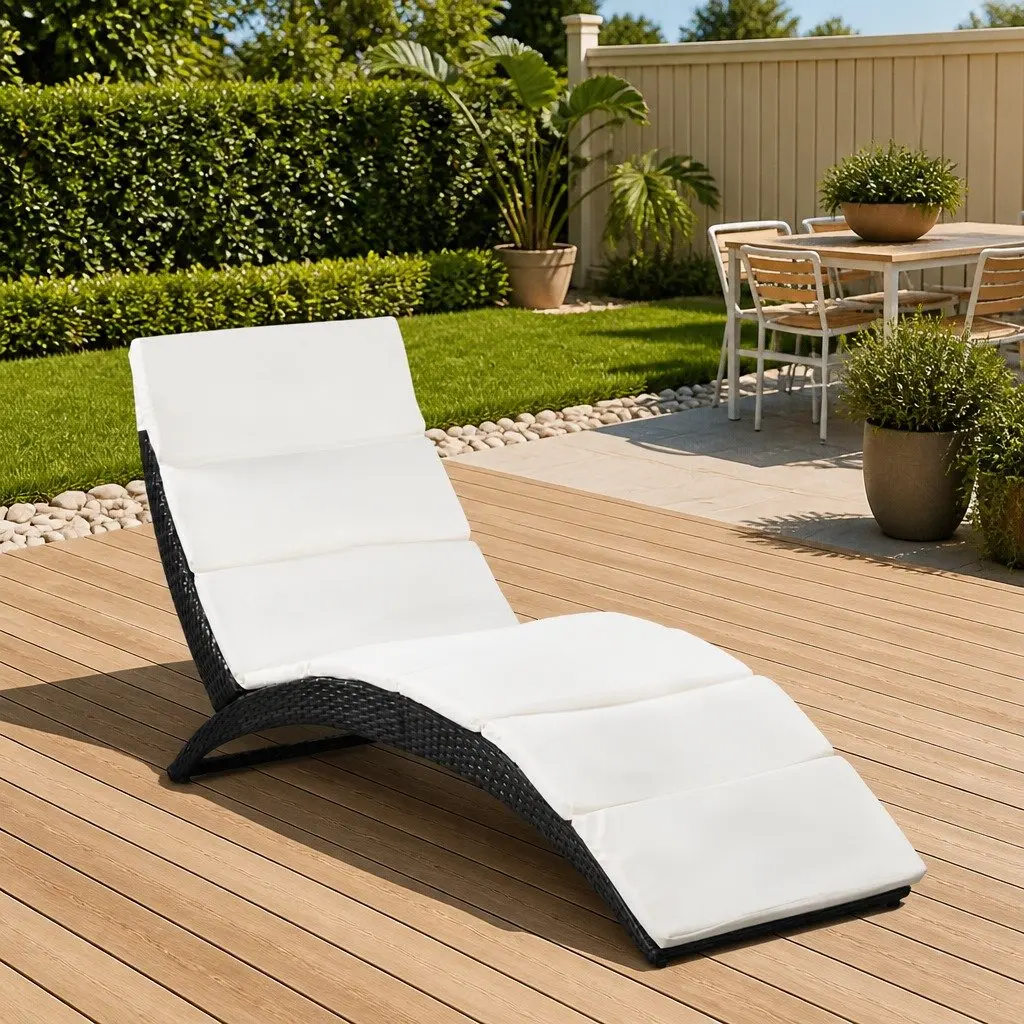 Folding Rattan Lounger with Cream Cushion