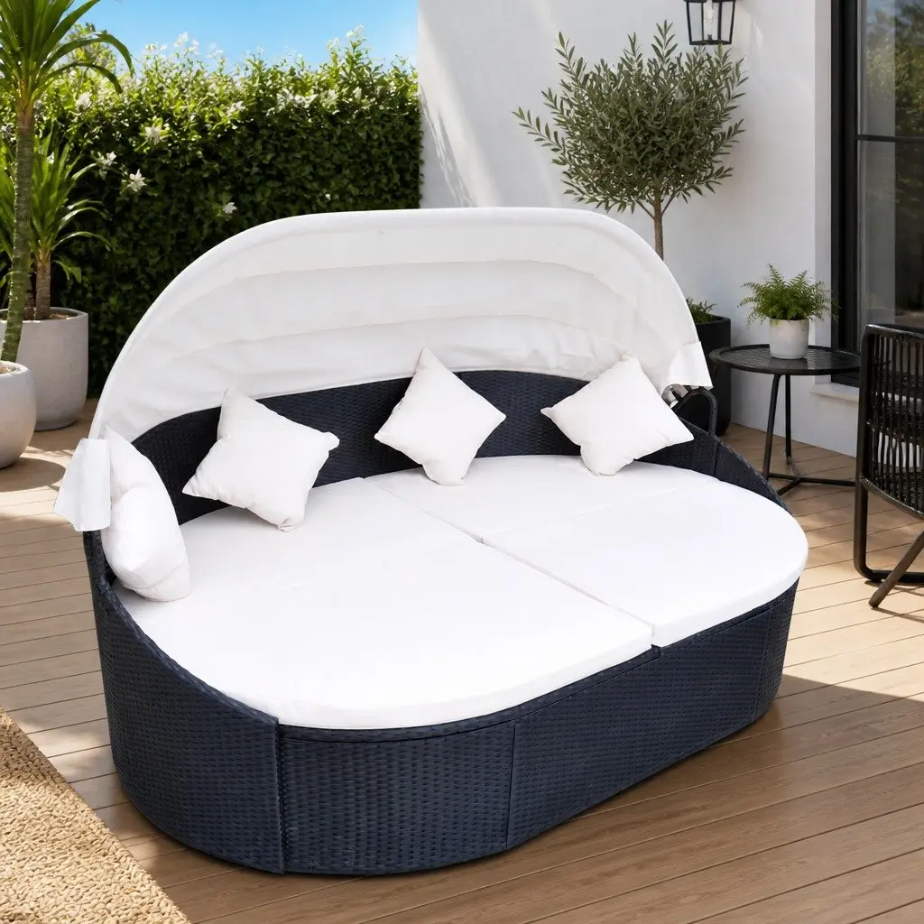 Outdoor Lounge Bed Black with White Canopy Steel Frame Durable PE Rattan