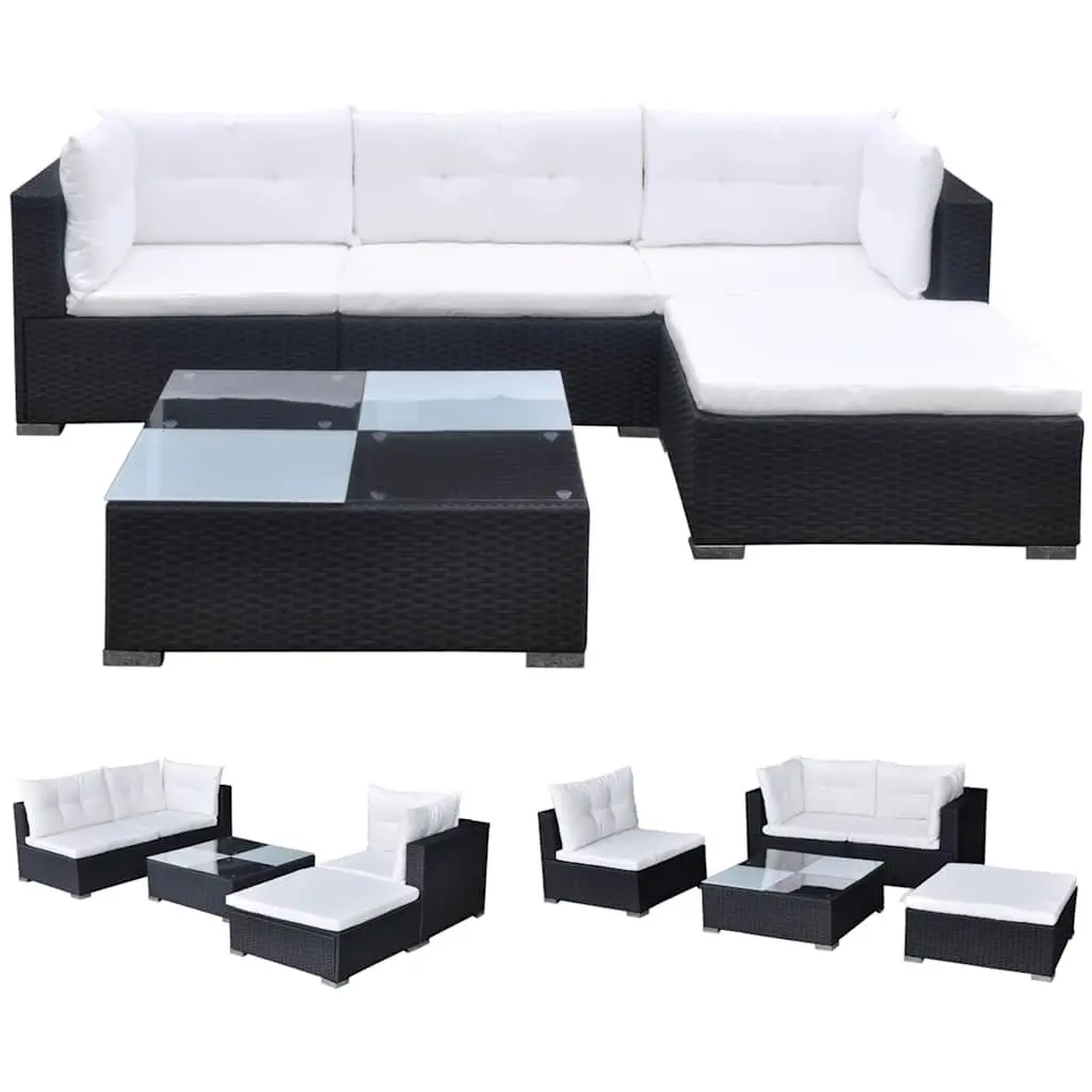 5 Piece Garden Lounge Set Black Outdoor Patio Rattan Sofa with Cushions Weather-resistant