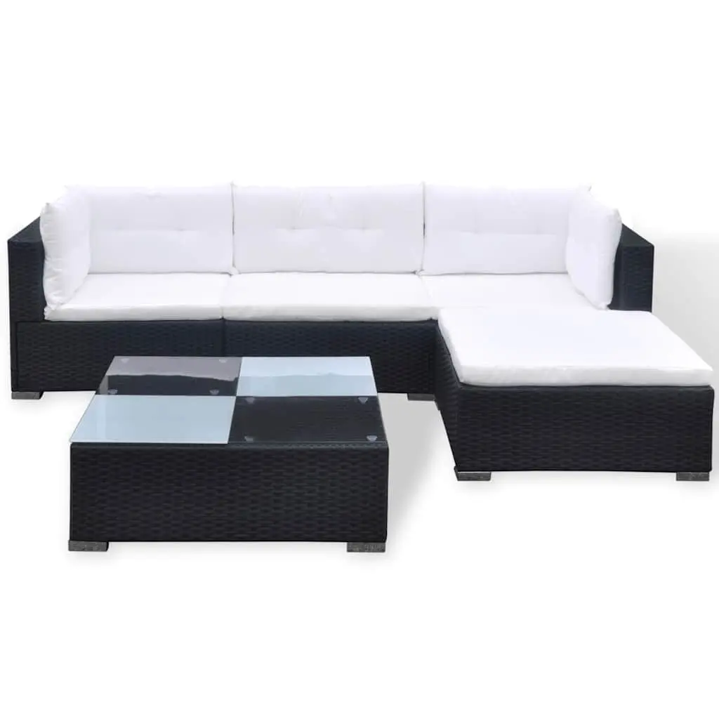 5 Piece Garden Lounge Set Black Outdoor Patio Rattan Sofa with Cushions Weather-resistant