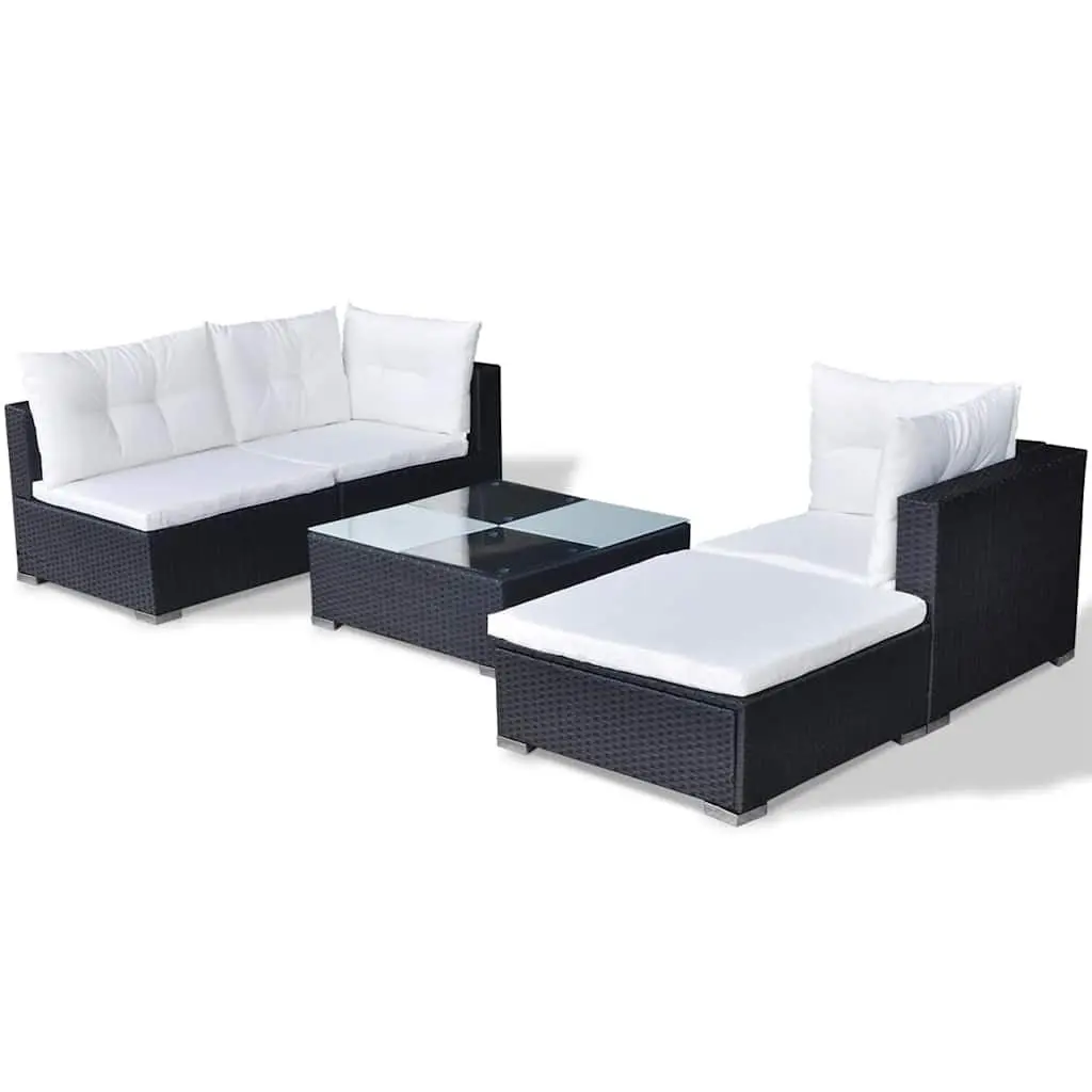 5 Piece Garden Lounge Set Black Outdoor Patio Rattan Sofa with Cushions Weather-resistant
