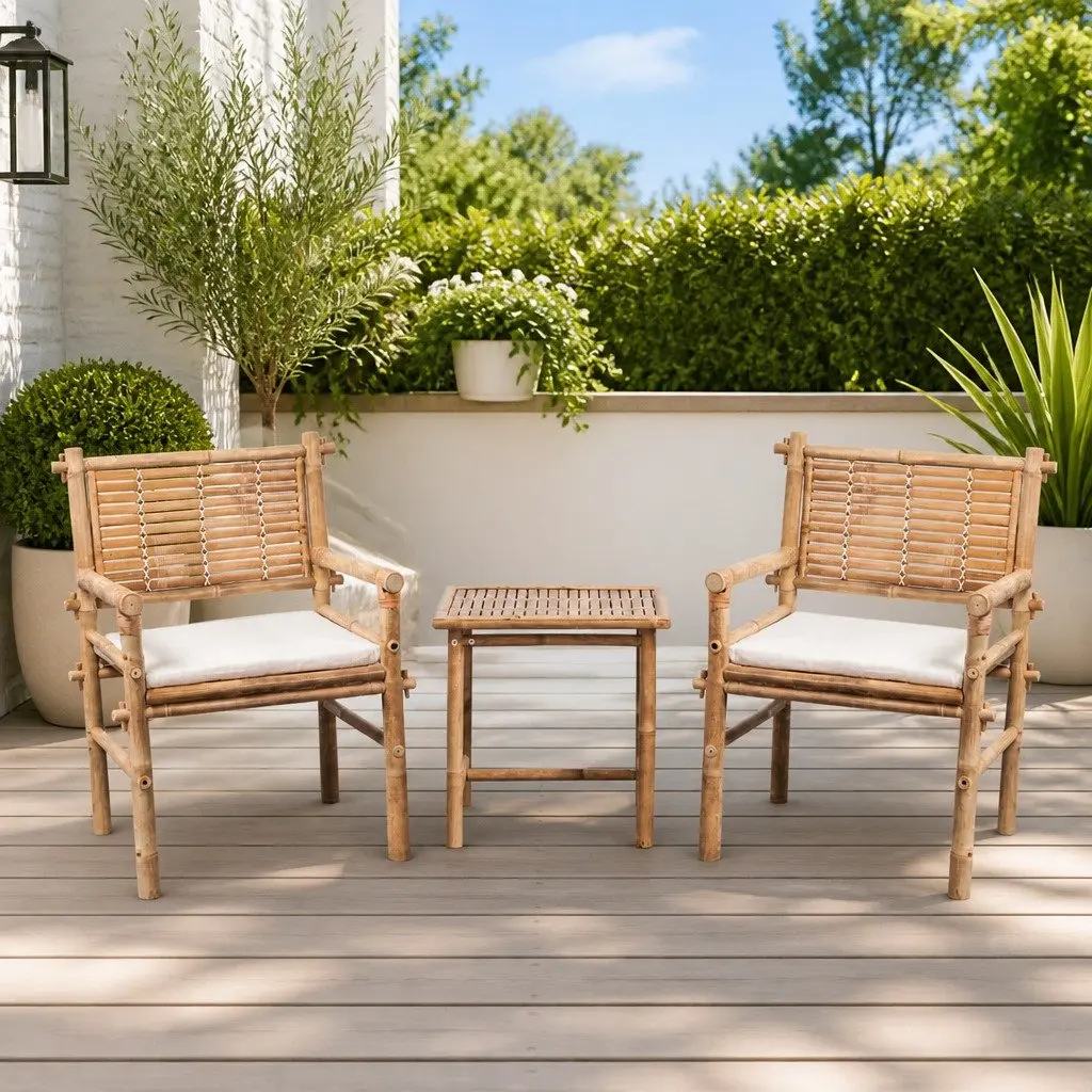3 Piece Outdoor Bistro Set Brown Bamboo Table Chairs with Seat Cushions Garden
