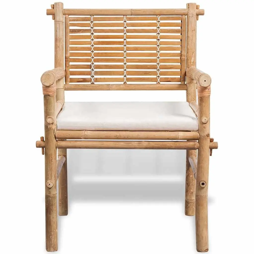 3 Piece Outdoor Bistro Set Brown Bamboo Table Chairs with Seat Cushions Garden
