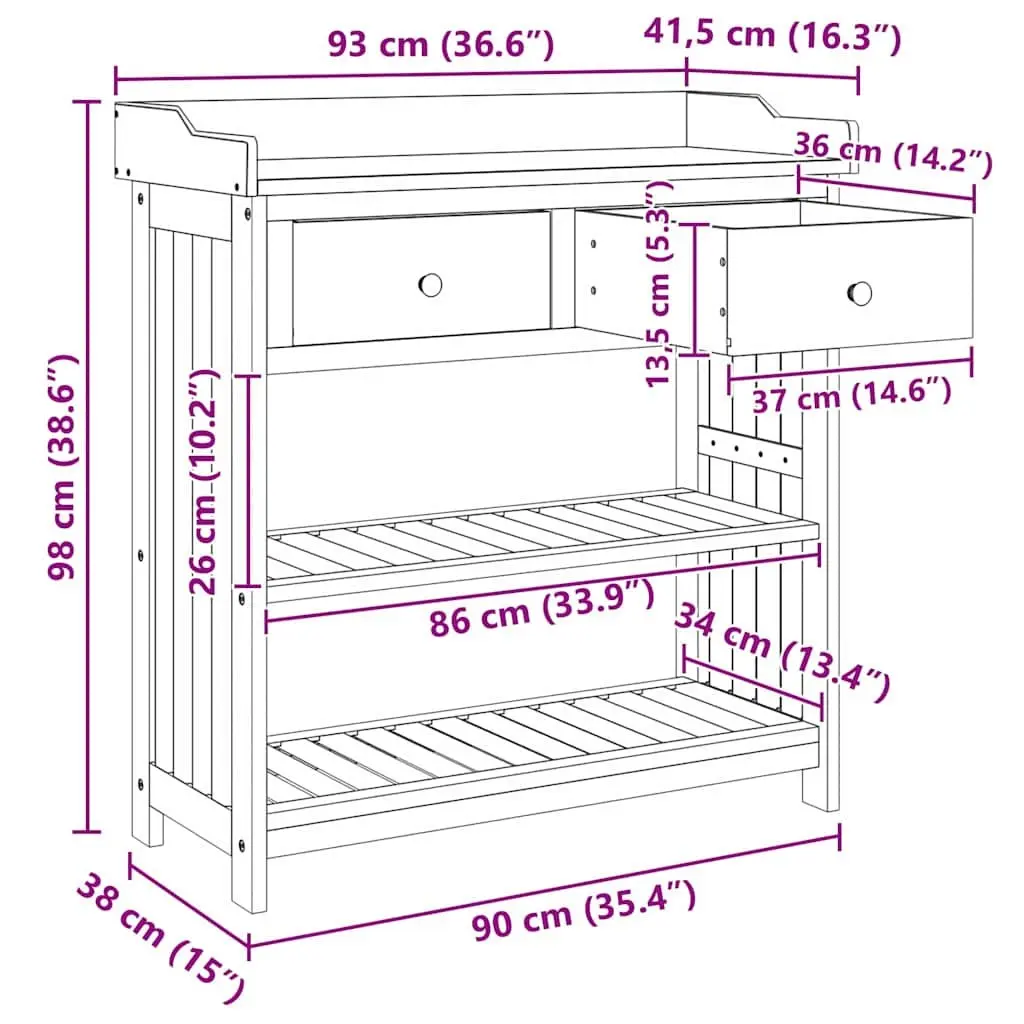 Garden Cabinet Brown Solid Acacia Wood Outdoor Storage 93 x 41.5 x 98cm Shelves and Drawers