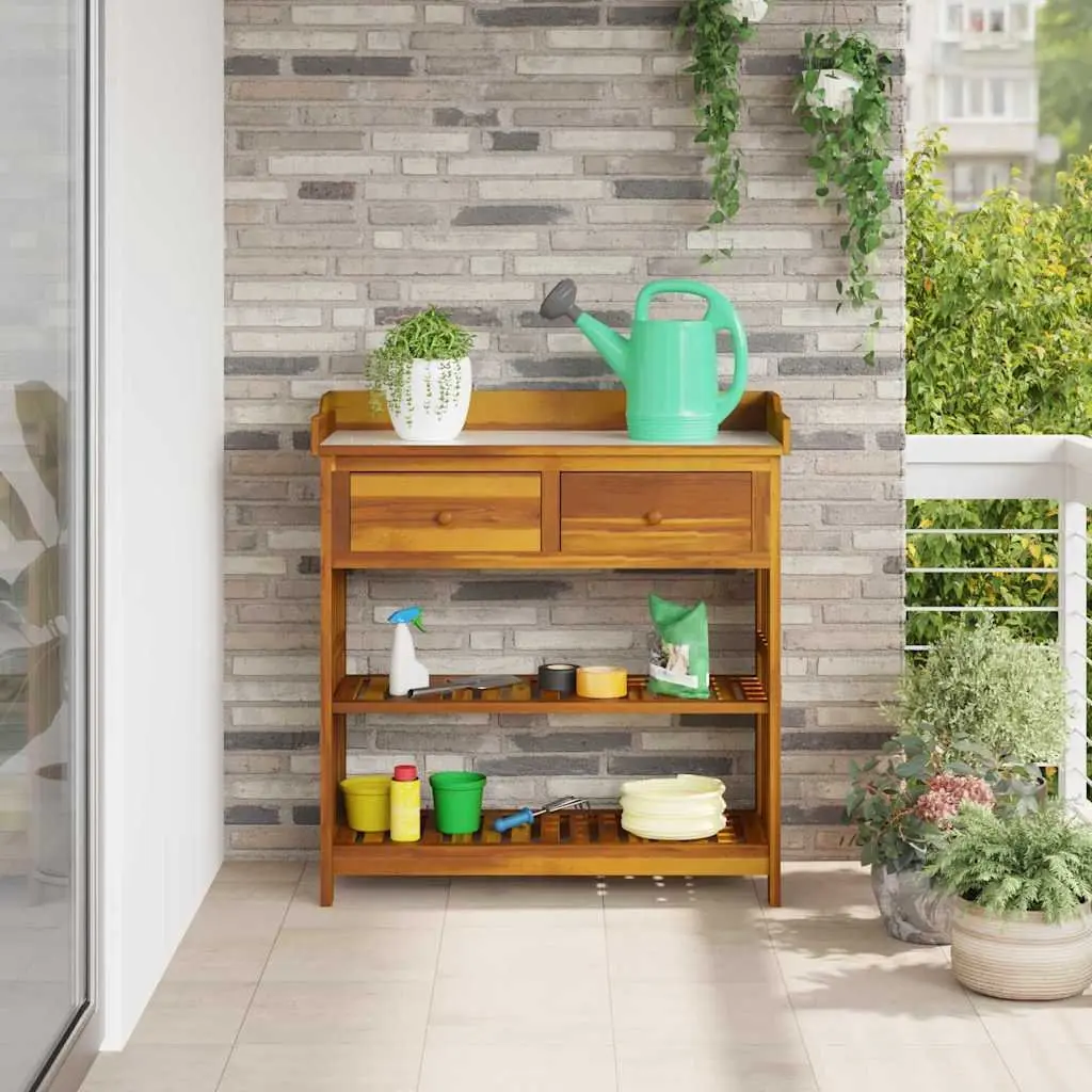 Garden Cabinet Brown Solid Acacia Wood Outdoor Storage 93 x 41.5 x 98cm Shelves and Drawers