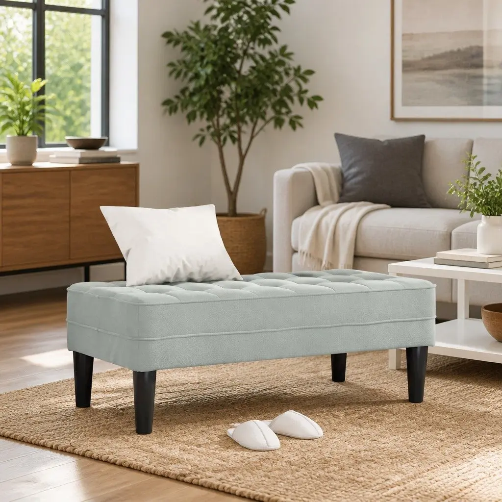 Light Grey Velvet Ottoman Bench