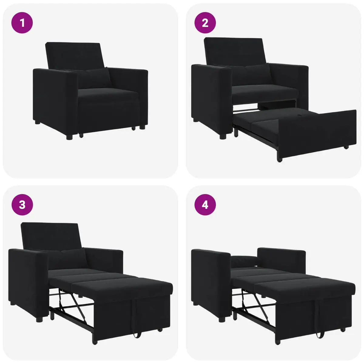Single Sofa Bed Black Velvet Adjustable Backrest Convertible Chair Recliner