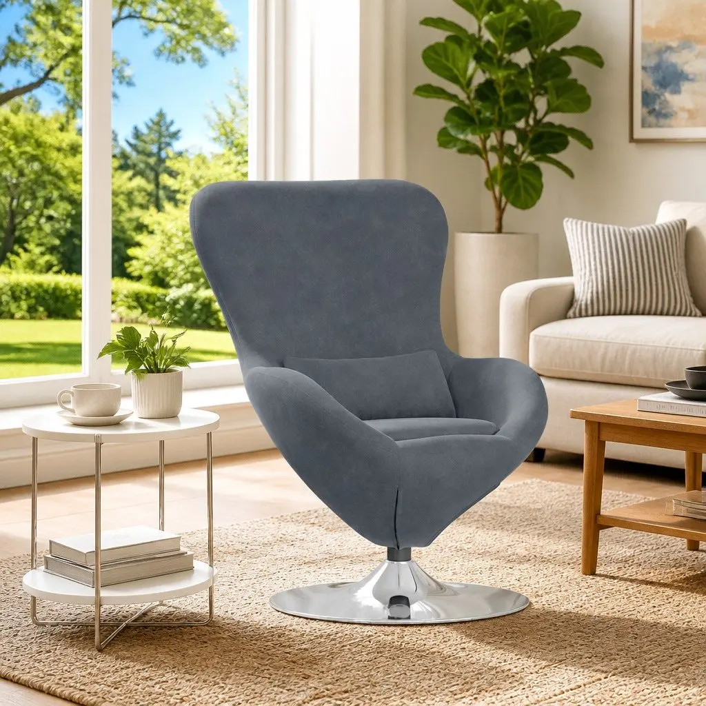 Egg Chair Grey Velvet 360-Degree Swivel Modern Minimal Lounge Armchair