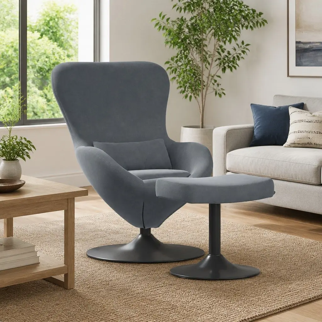 Egg Chair Grey Velvet 360 Degree Swivel with Footstool Modern Lounge Armchair