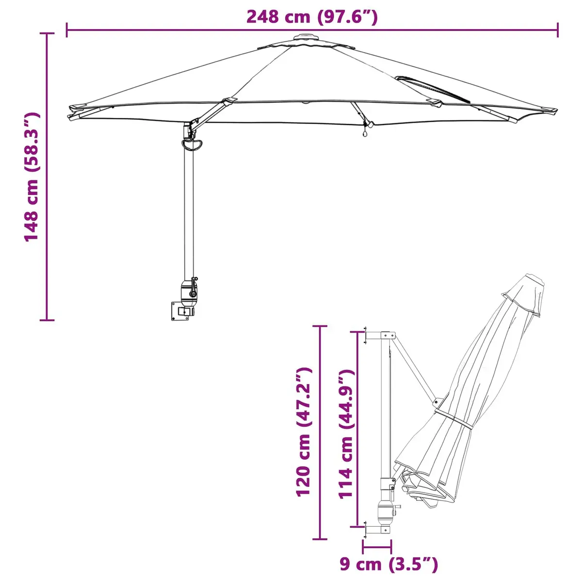 Garden Parasol Brown 248cm Adjustable Tilt Canopy Solar Powered LED Lights Steel Frame