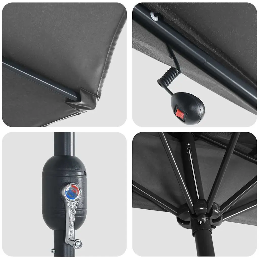 Garden Parasol Anthracite Outdoor Shade Umbrella Hand Crank Solar LED Lights