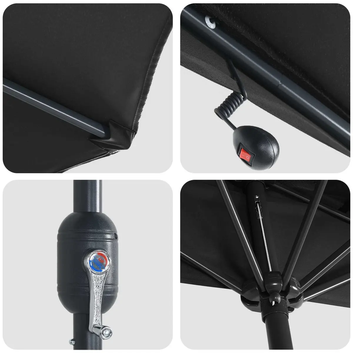 Garden Parasol Umbrella 294x150x224cm Black Outdoor Shade with LED Solar Lights