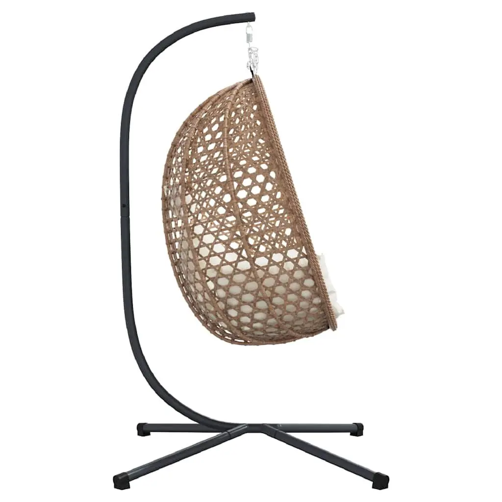 Hanging Egg Chair Cream Poly Rattan Indoor Outdoor with Stand Headrest Cushion