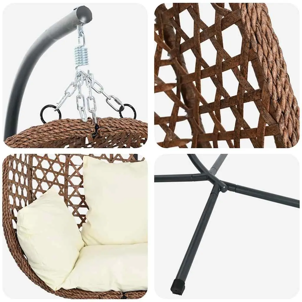 Hanging Egg Chair Cream Poly Rattan Indoor Outdoor with Stand Headrest Cushion