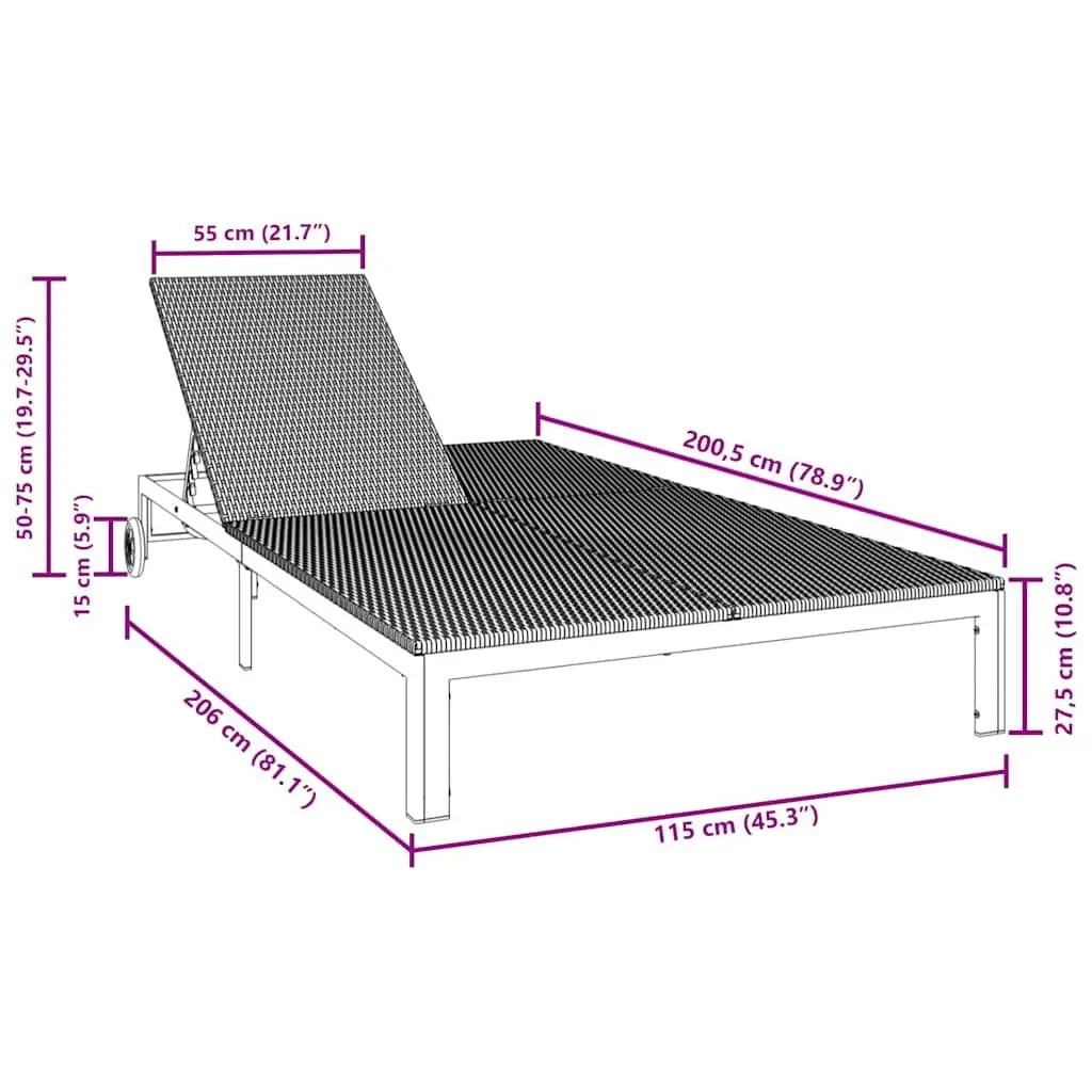 Sun Lounger Brown Adjustable Backrest Poly Rattan Outdoor Garden Terrace