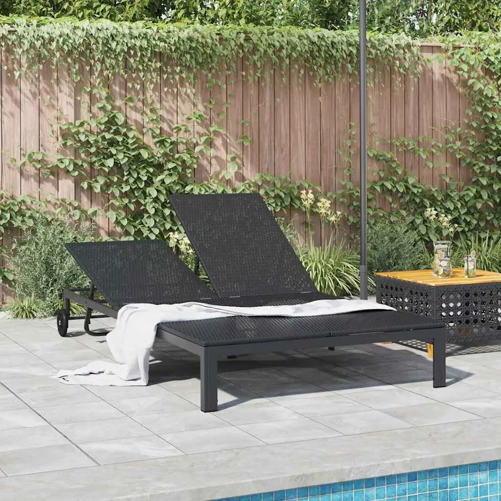 Sun Lounger Black Adjustable Multi-Position Backrest Poly Rattan Outdoor Sunbed