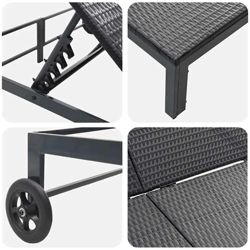 Sun Lounger Black Adjustable Multi-Position Backrest Poly Rattan Outdoor Sunbed