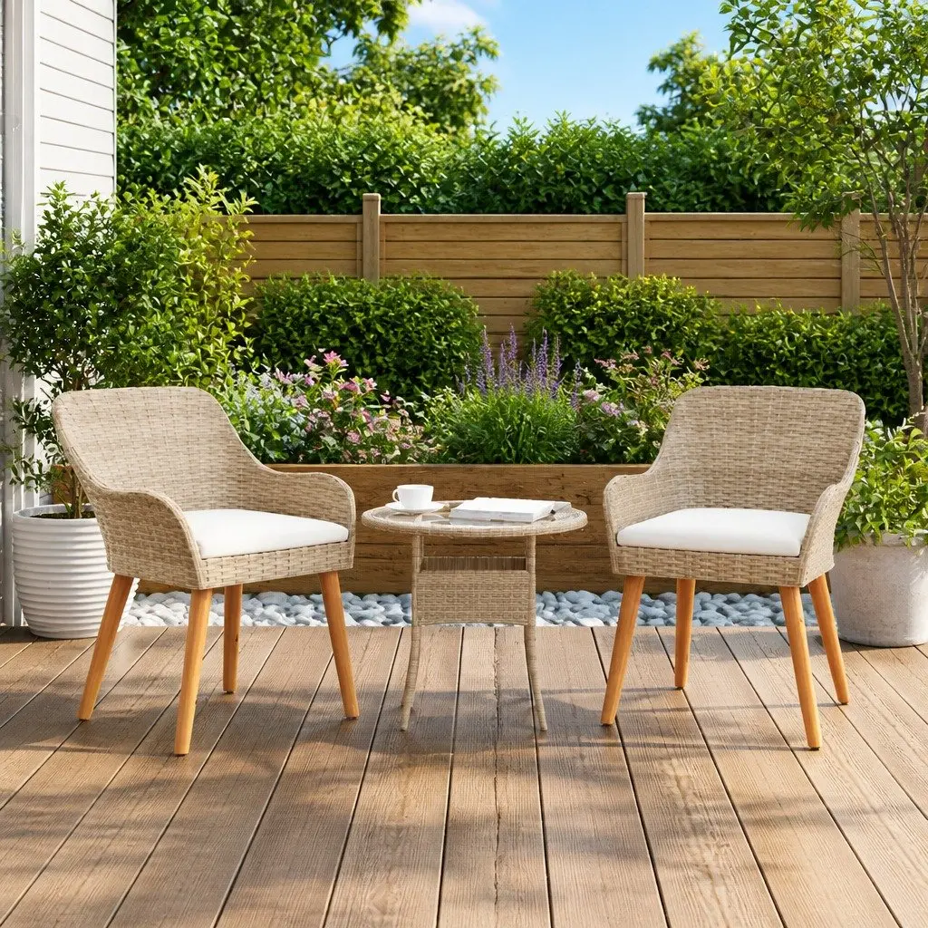 Outdoor Garden Chair Set Beige 2 Piece Cushioned Poly Rattan with Acacia Wood Legs