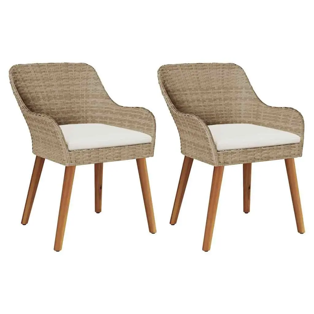 Outdoor Garden Chair Set Beige 2 Piece Cushioned Poly Rattan with Acacia Wood Legs