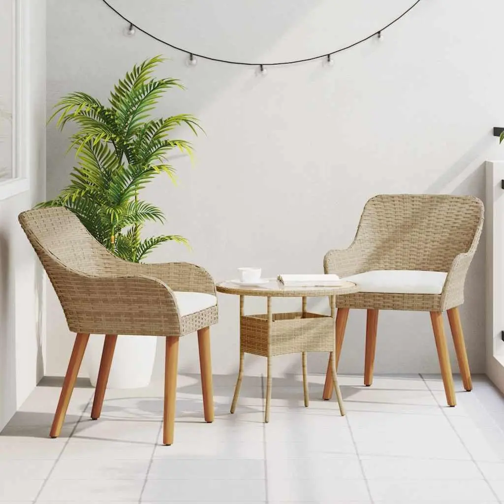 Outdoor Garden Chair Set Beige 2 Piece Cushioned Poly Rattan with Acacia Wood Legs