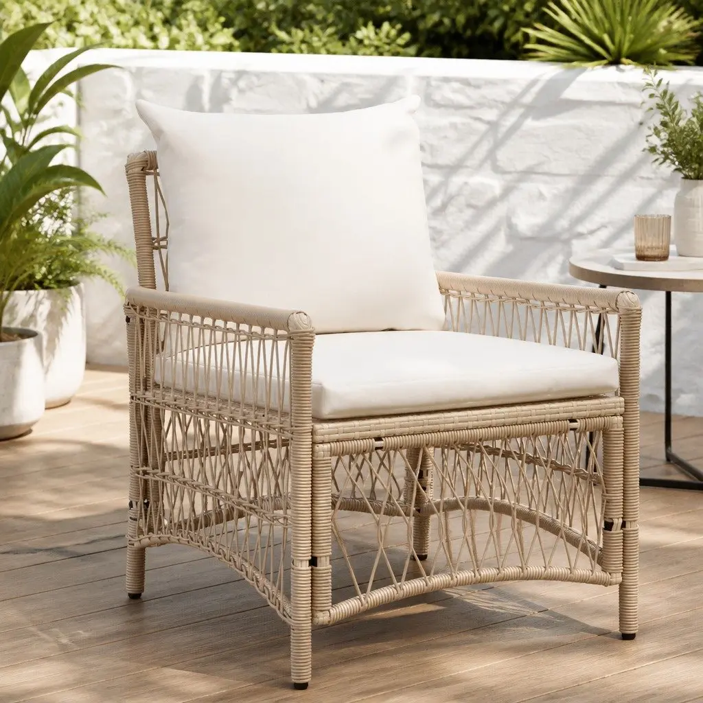 Outdoor Garden Chair Beige Poly Rattan Ergonomic Backrest and Armrests