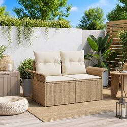 Beige Poly Rattan Garden Sofa with Cushion – 141x62x69cm