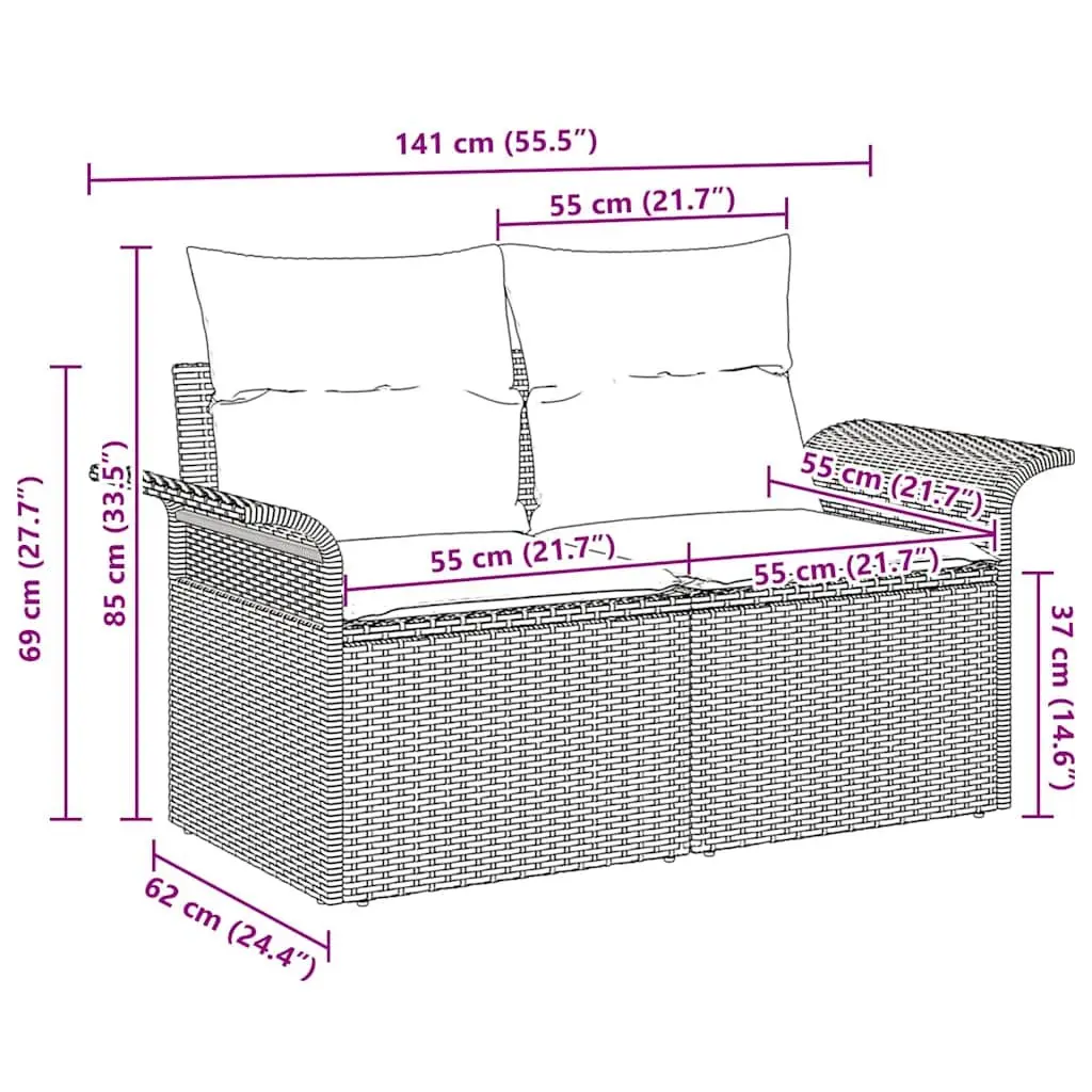 Garden Sofa Beige Poly Rattan 141x62x69cm Cushioned Seat Pad