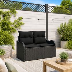Outdoor Garden Sofa with Cushion Black Poly Rattan Patio Seating Furniture