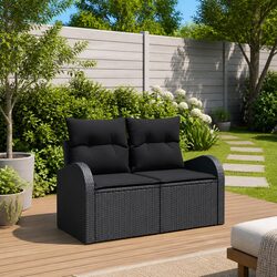 Compact Black Rattan Garden Sofa with Cushion