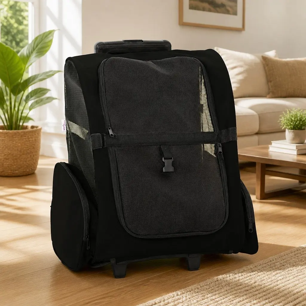 Pet Trolley 3-in-1 Convertible Rolling Carrier Backpack Hand Bag Black 48x32cm
