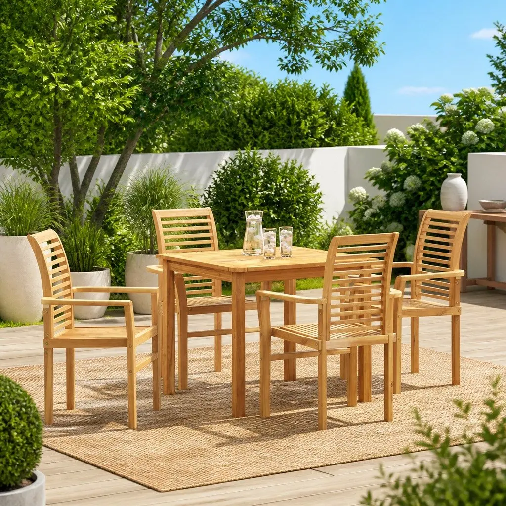 Dining Chair Set Brown Solid Teak Wood Ergonomic Backrest 4 Piece