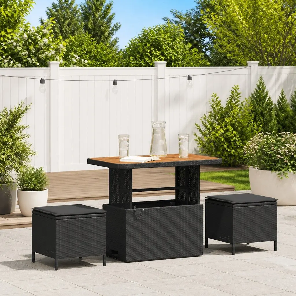 Outdoor Garden Dining Set Black Poly Rattan Acacia Wood Patio Furniture