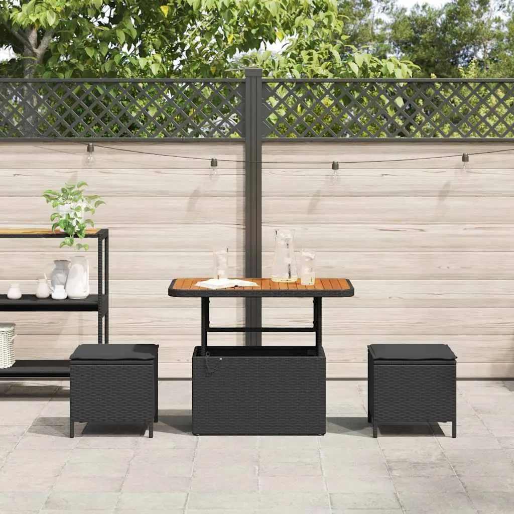 Outdoor Garden Dining Set Black Poly Rattan Acacia Wood Patio Furniture