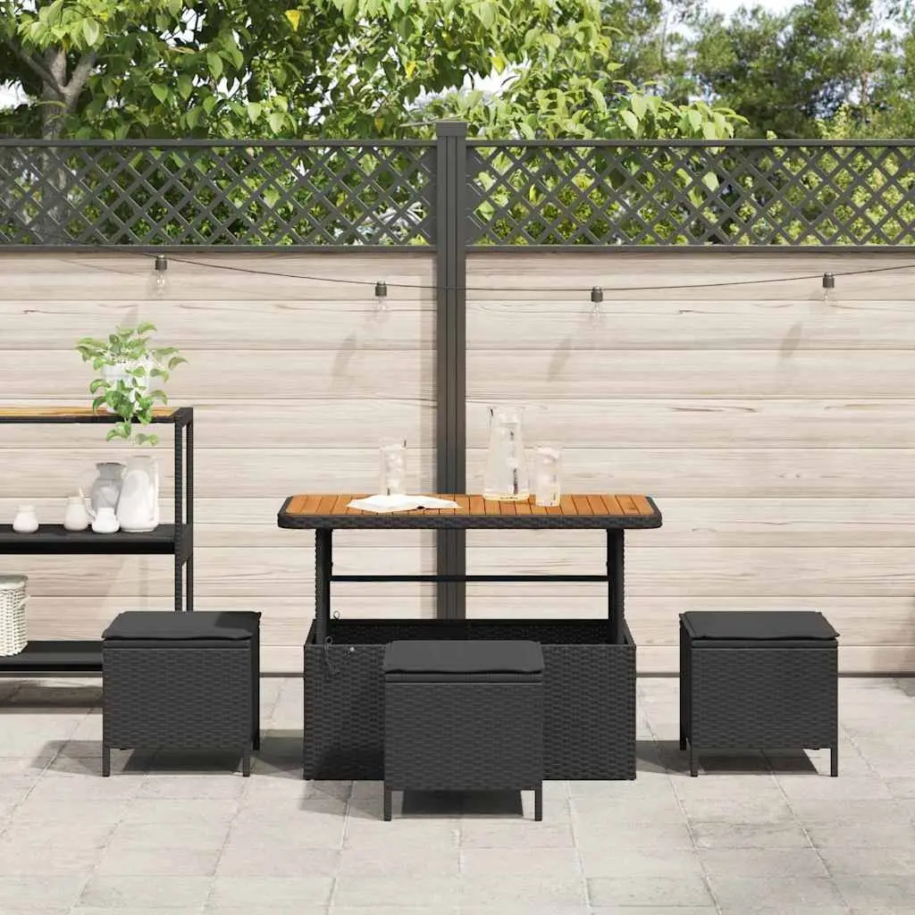 Garden Dining Set Black Poly Rattan Outdoor Furniture Patio Table Chair Acacia