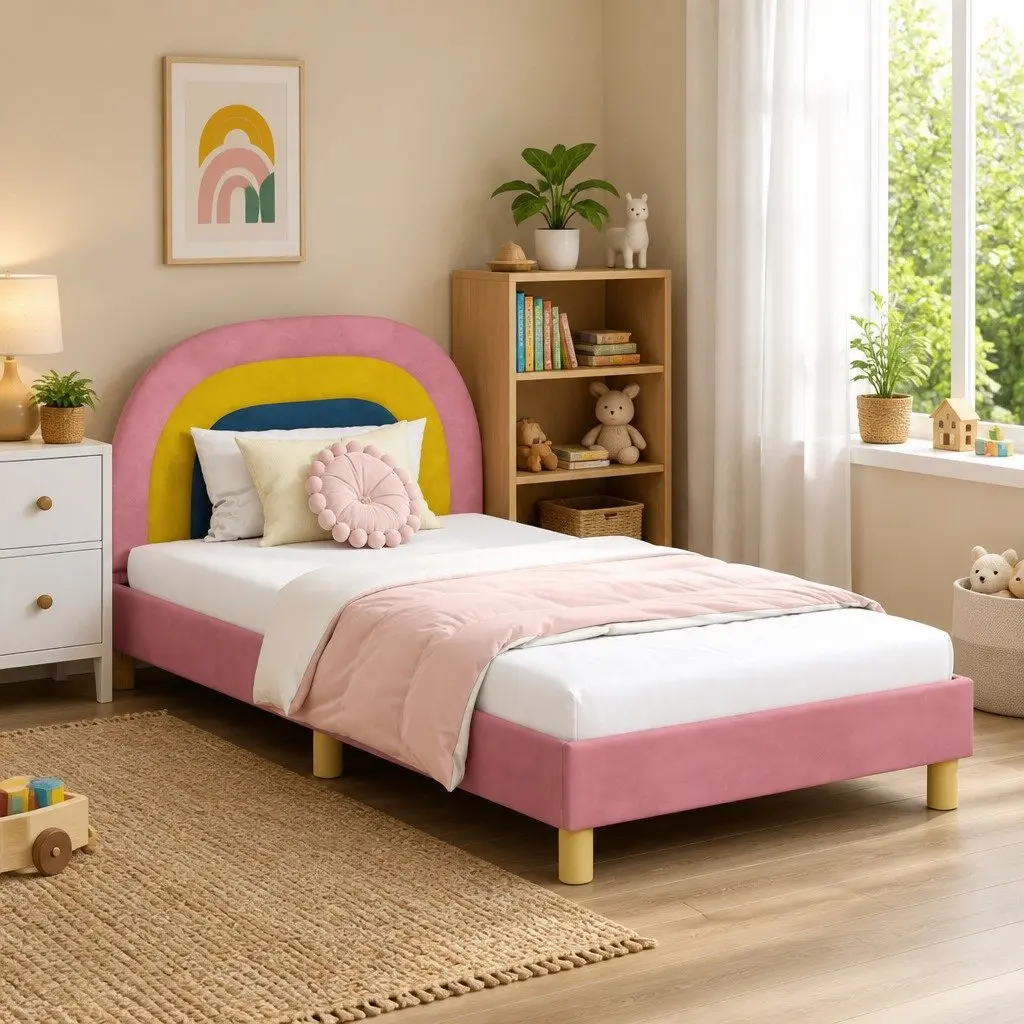 Pink Velvet Touch Kids Bed Frame 90 x 190 cm with Slatted Base and Headboard