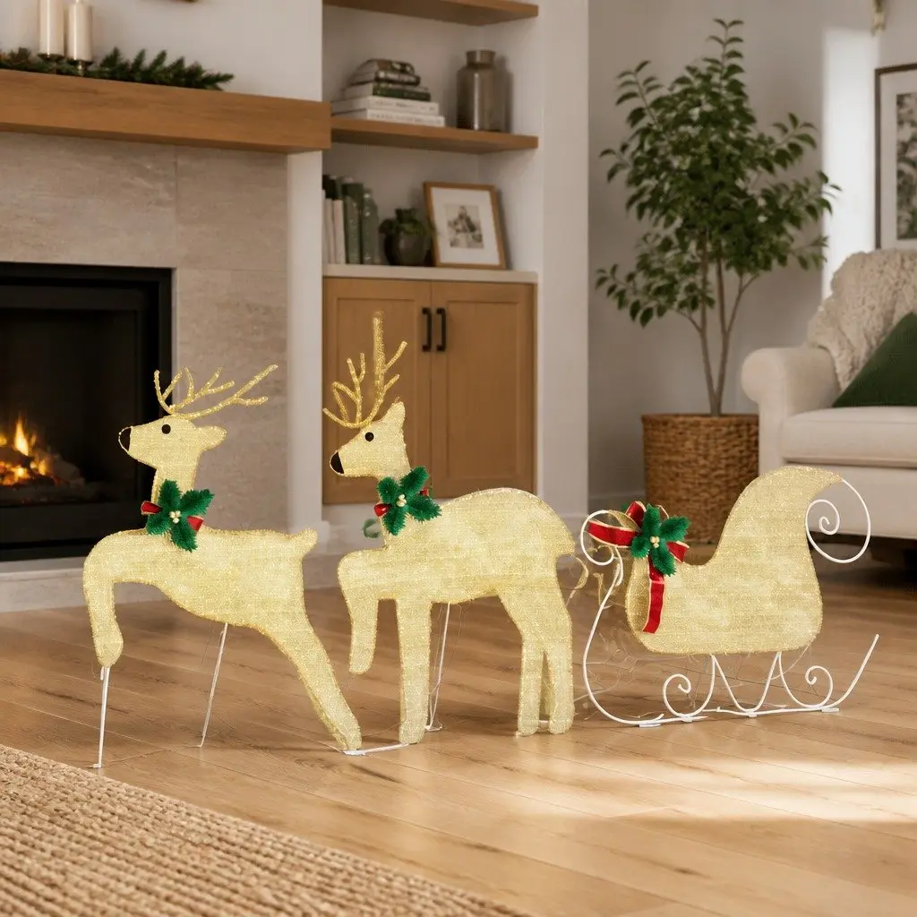 LED Reindeer Decorations Warm White Fabric 3 Piece USB Powered Holiday Ornaments