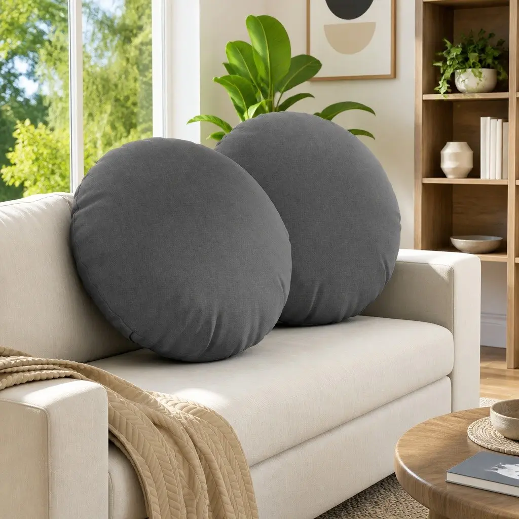 Round Seat Cushions Grey Ø60 x 21 cm Fabric Zipper Closure 2 Piece