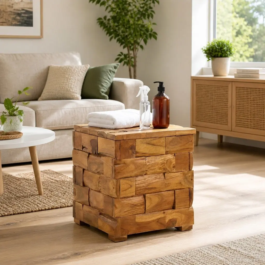 Brown Storage Stool Made from Solid Teak Wood