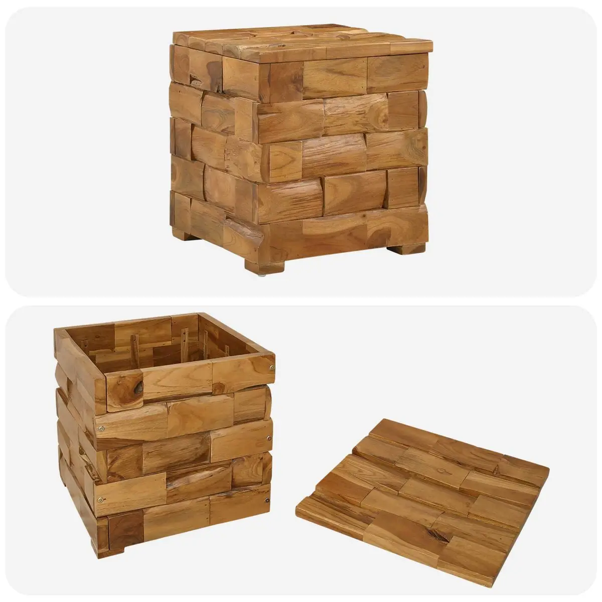 Storage Stool Brown Solid Teak Wood Rectangular Hidden Storage Compartment