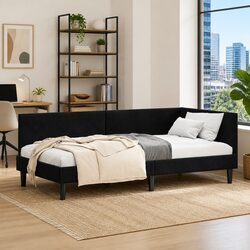 Corner Bed Frame Daybed Sofa Black 90cm x 190cm Bedroom Living Room Furniture
