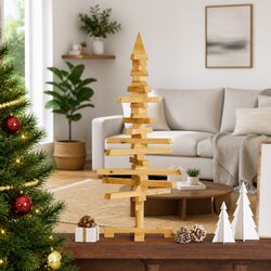 Wooden Christmas Tree 90cm with Stand Brown Solid Pine Adjustable Branches