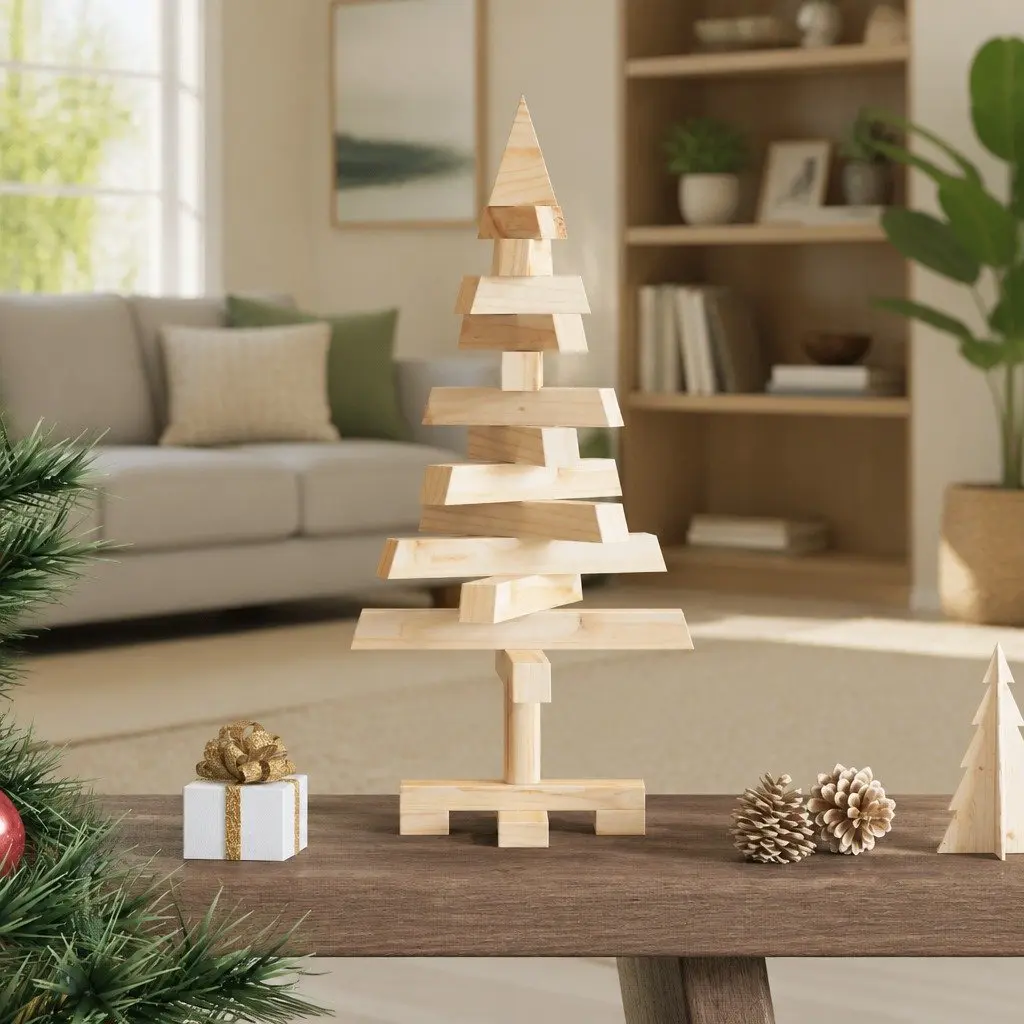 Wooden Christmas Tree Brown 60cm Solid Pine with Adjustable Branches