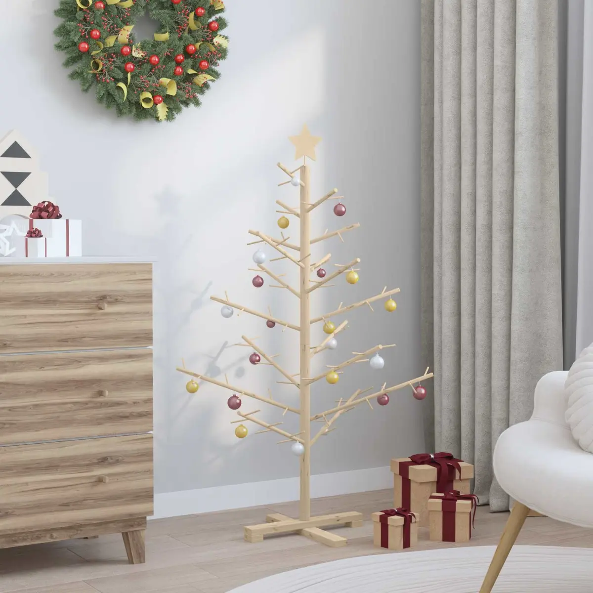 Wooden Christmas Tree with Stand Natural 125cm Modern Minimalist Holiday Indoor