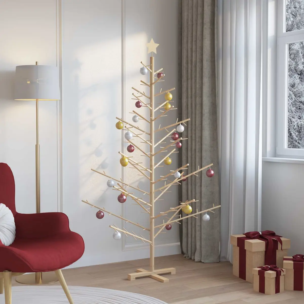 Wooden Christmas Tree with Stand Natural 180cm Indoor Holiday Seasonal