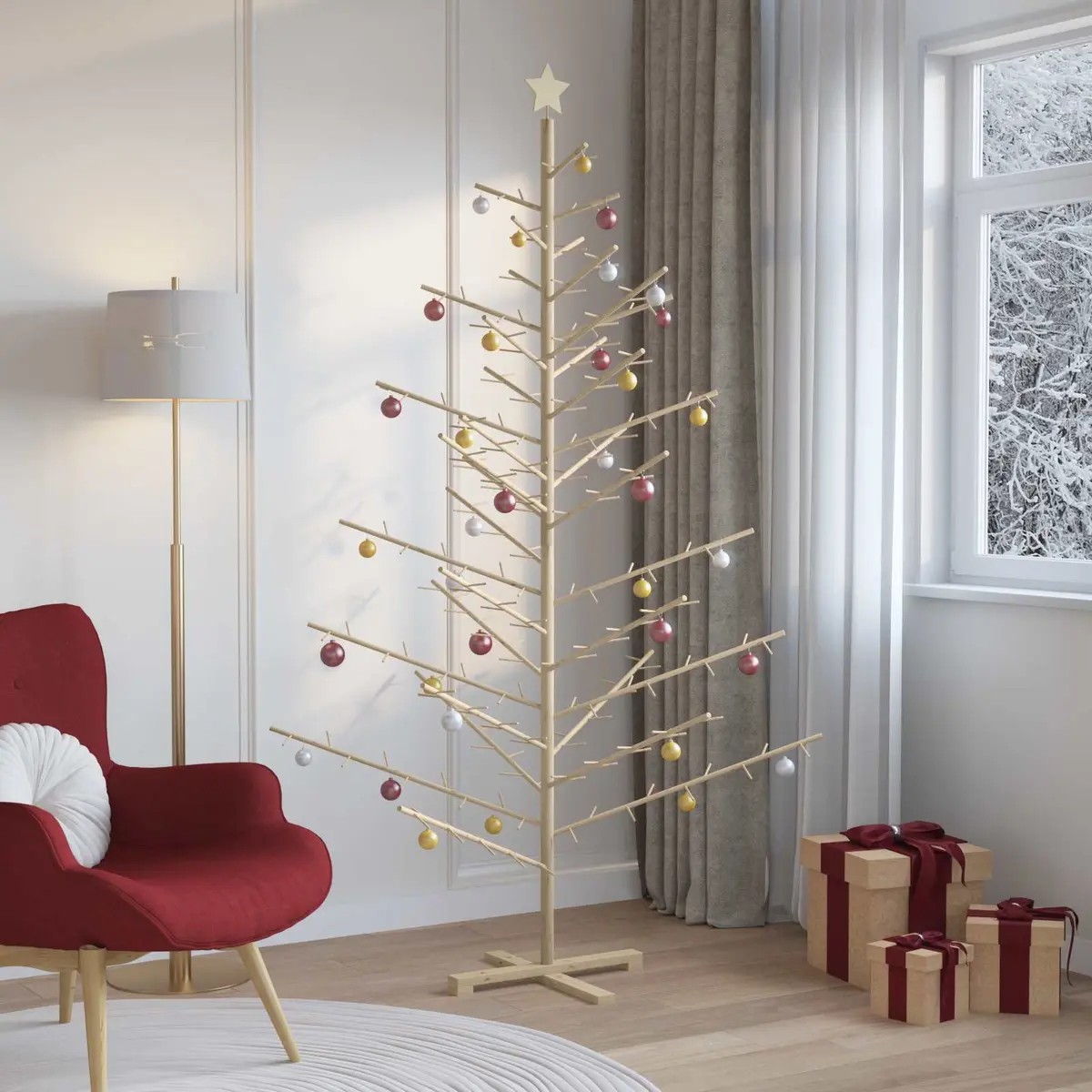 Wooden Christmas Tree with Stand 210cm Natural Pine Holiday Home Decor