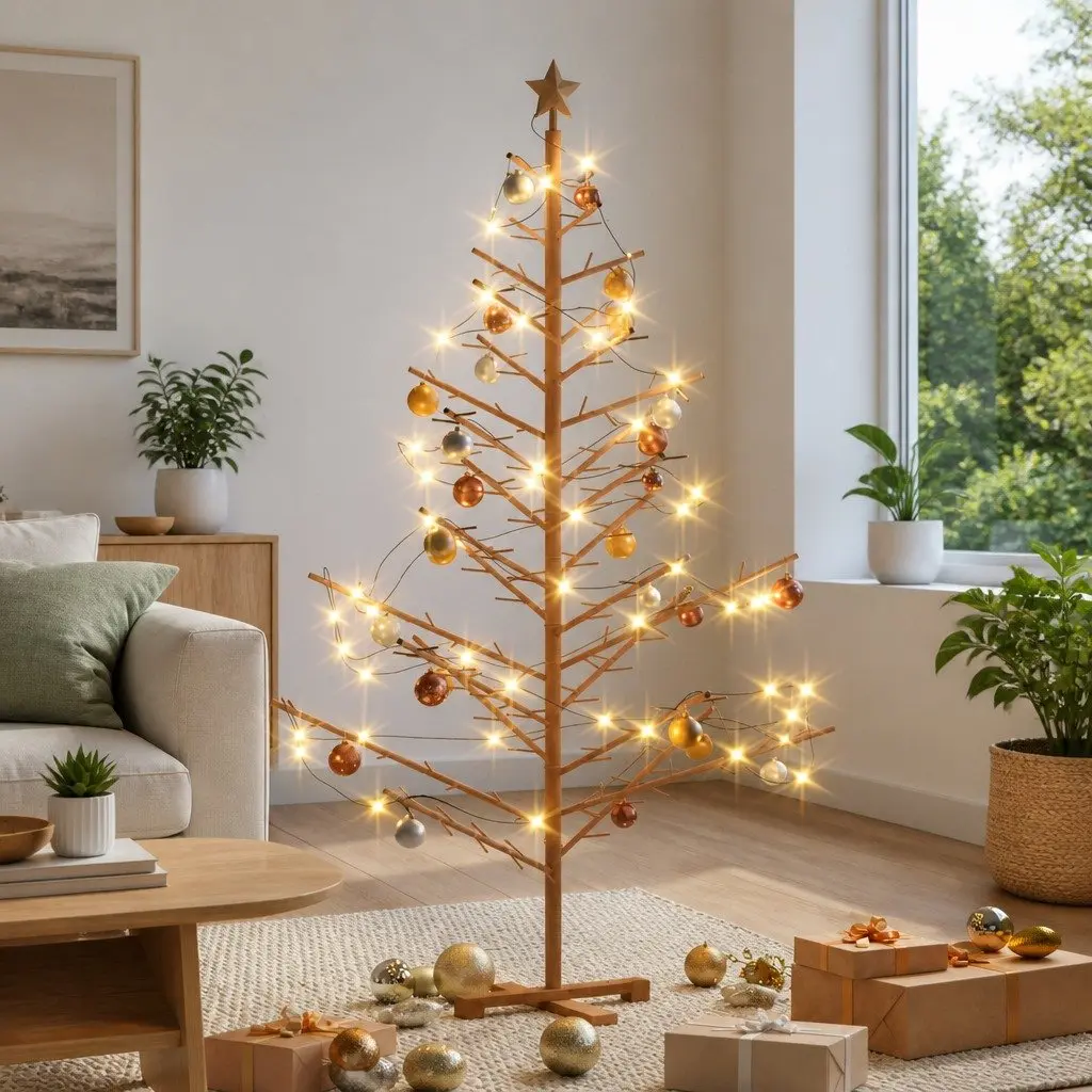 Wooden Christmas Tree with Stand 180cm Brown Solid Pine Holiday Seasonal Decor