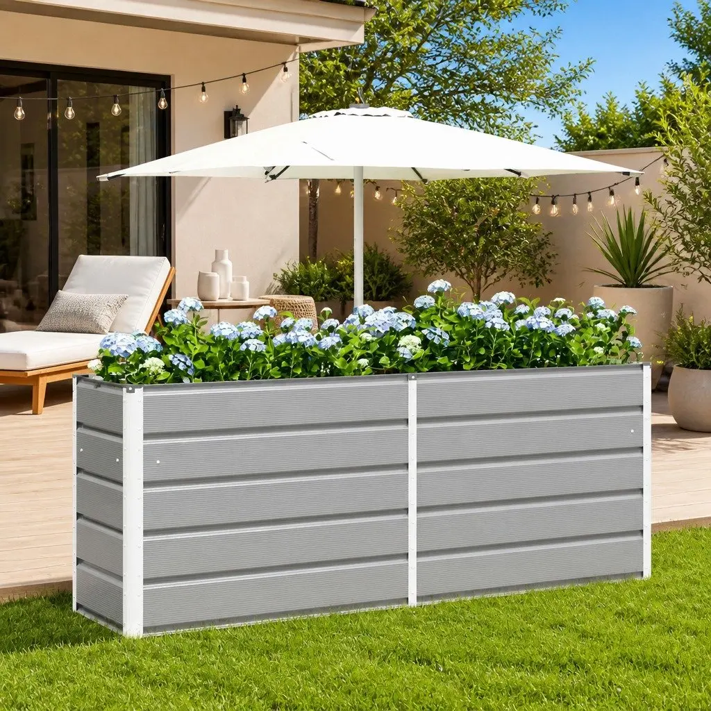 Steel Planter Light Grey 195cm x 50cm x 75cm Galvanised Outdoor Garden Decor