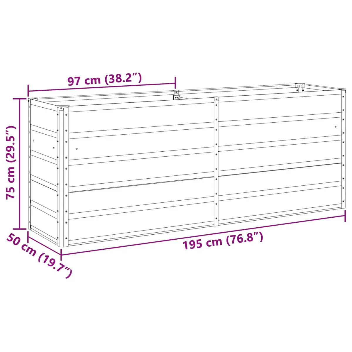 Steel Planter Light Grey 195cm x 50cm x 75cm Galvanised Outdoor Garden Decor